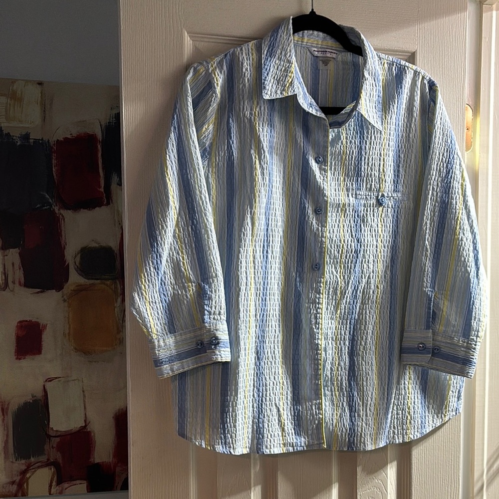 Alfred Dunner Blue and Yellow Casual Button Down Shirt